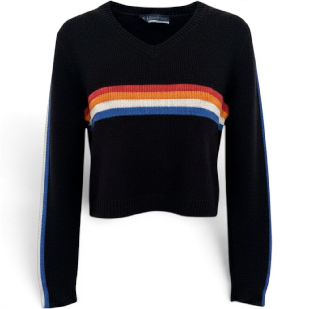 SMOOCHES Sweater Womens M Black V-Neck Cropped Striped Retro 90s Grunge Vintage